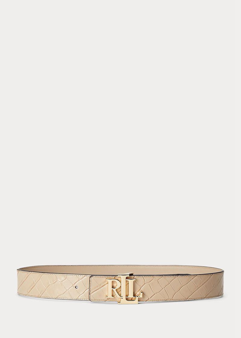 Pasek Lauren Damska Beżowe Reversible Logo Skórzane Wide 139206-MUR